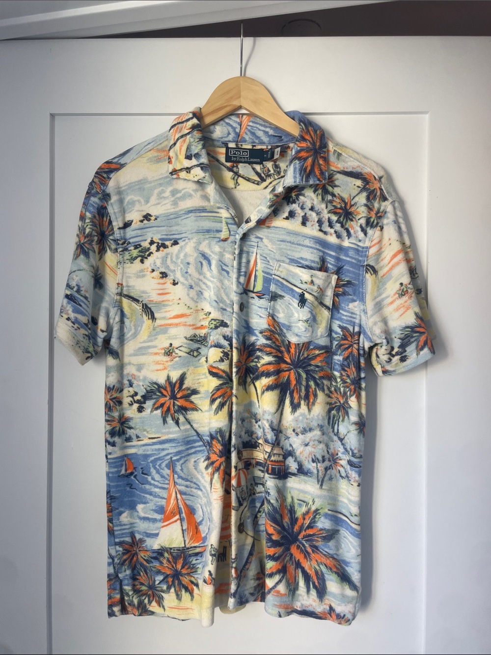 Polo by Ralph Lauren Cream, Blue & Orange Tropical Camp Shirt.